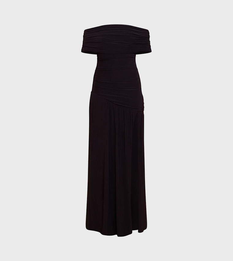 Double Layer Slinky Bardot One Shoulder Ruched Maxi Dress