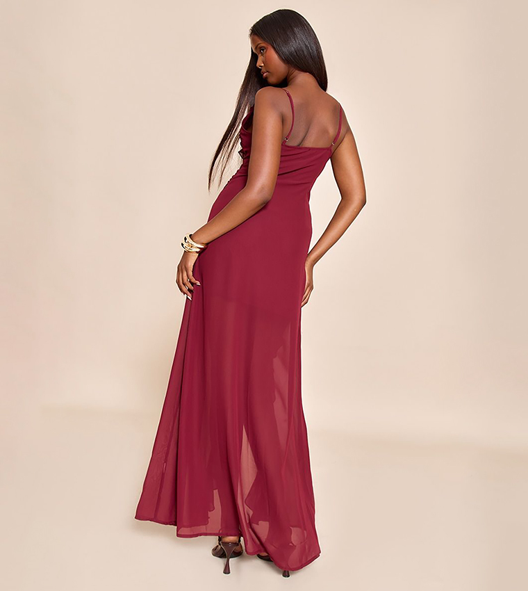 Deep Chiffon Frill Plunge Strappy Maxi Dress