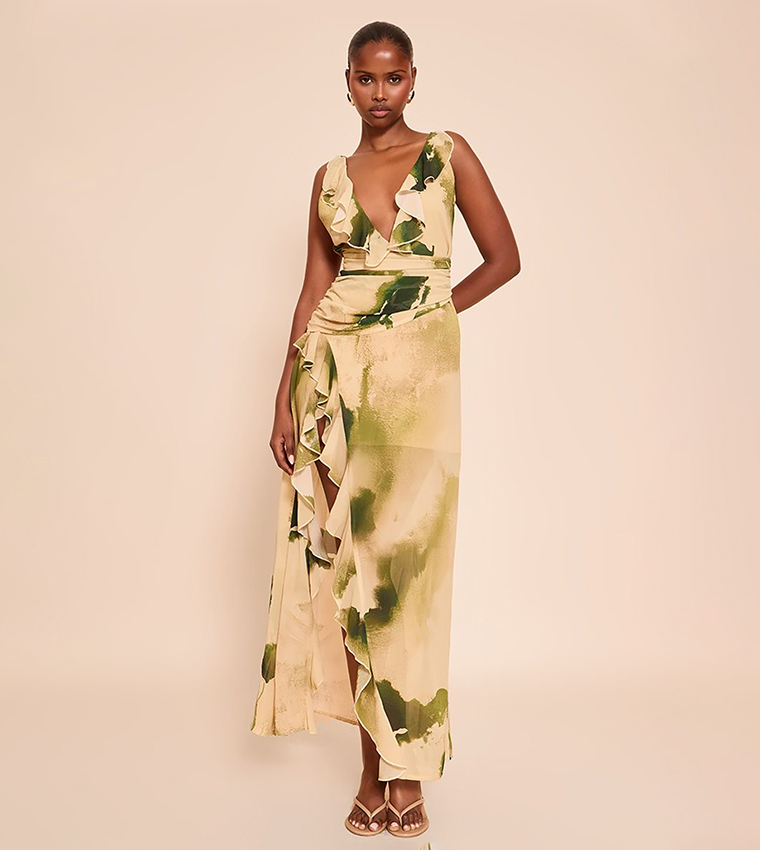 Floral Chiffon Frill Plunge Strappy Maxi Dress