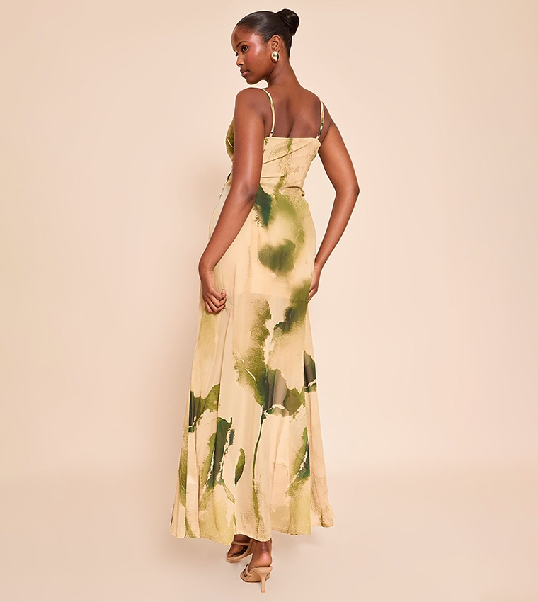 Floral Chiffon Frill Plunge Strappy Maxi Dress