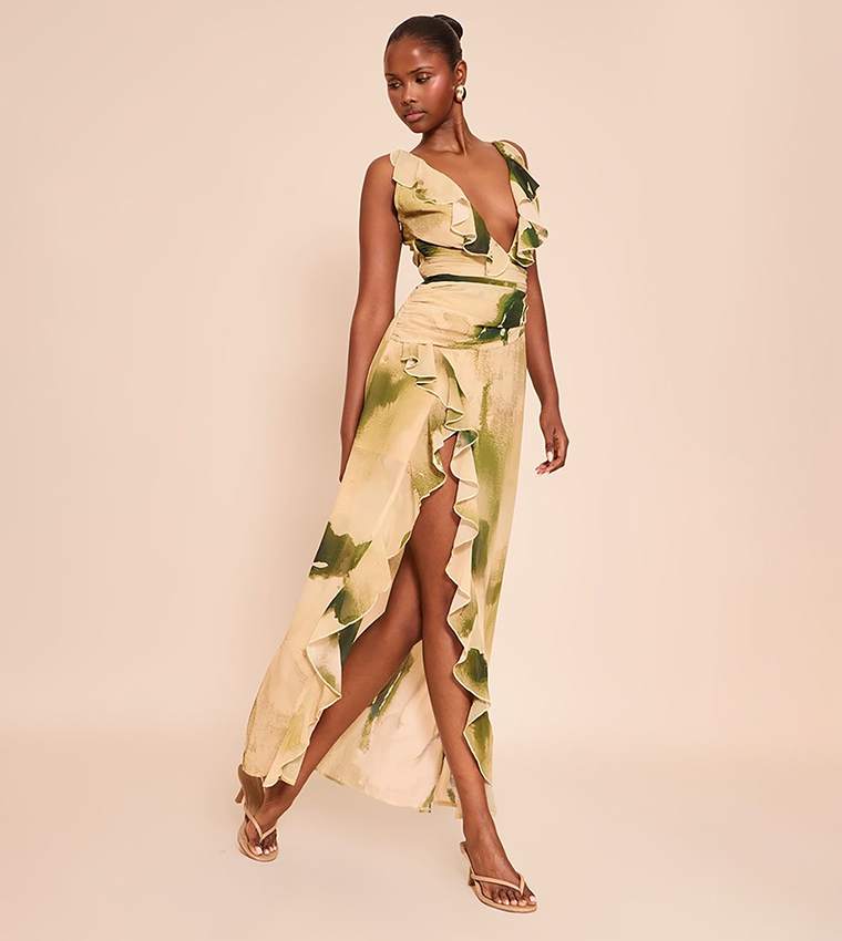 Floral Chiffon Frill Plunge Strappy Maxi Dress