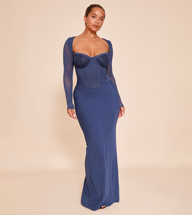 Buy PrettyLittleThing Shape Mesh Lace Insert Corseted Maxi Dress In Blue |  6thstreet UAE