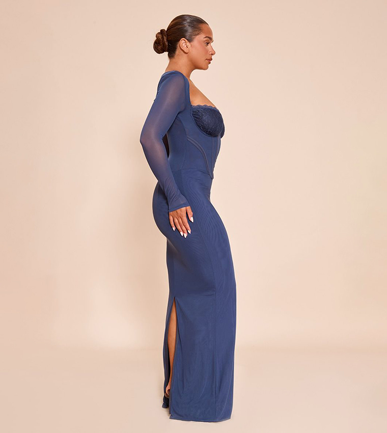 Buy PrettyLittleThing Shape Mesh Lace Insert Corseted Maxi Dress In Blue |  6thstreet UAE