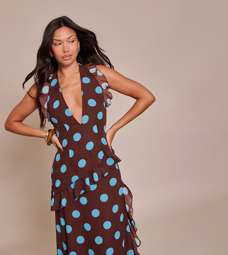 Buy PrettyLittleThing Polka Dot Chiffon Frill Plunge Long Top In Brown |  6thStreet Kuwait