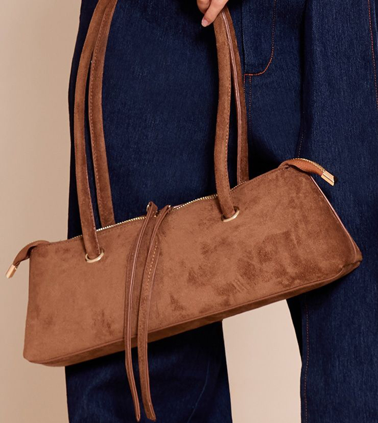 Tan Faux Suede Elongated Handle Shoulder Bag