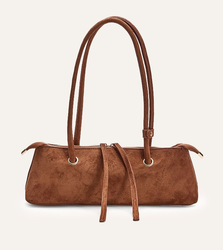 Tan Faux Suede Elongated Handle Shoulder Bag