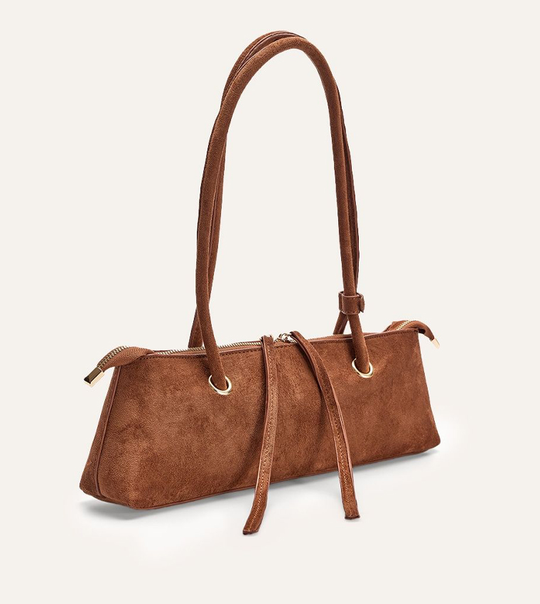 Tan Faux Suede Elongated Handle Shoulder Bag
