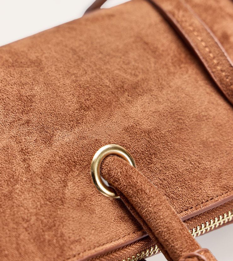 Tan Faux Suede Elongated Handle Shoulder Bag