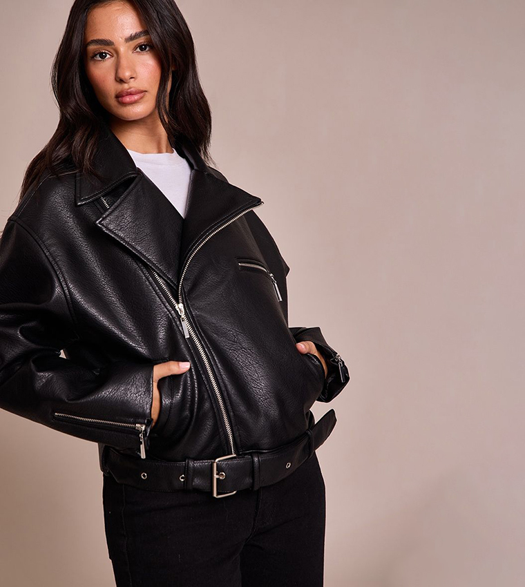 Petite Faux Leather Oversized Biker Jacket