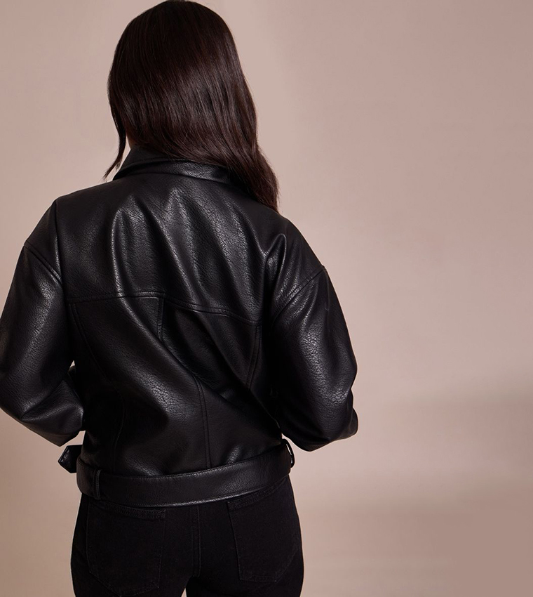 Petite Faux Leather Oversized Biker Jacket