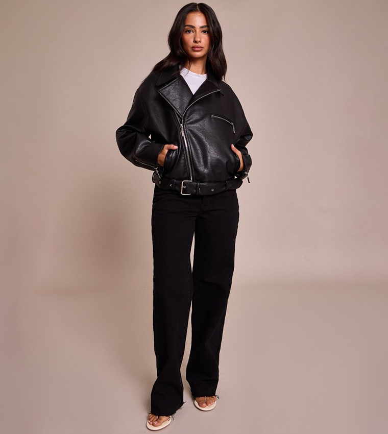 Petite Faux Leather Oversized Biker Jacket