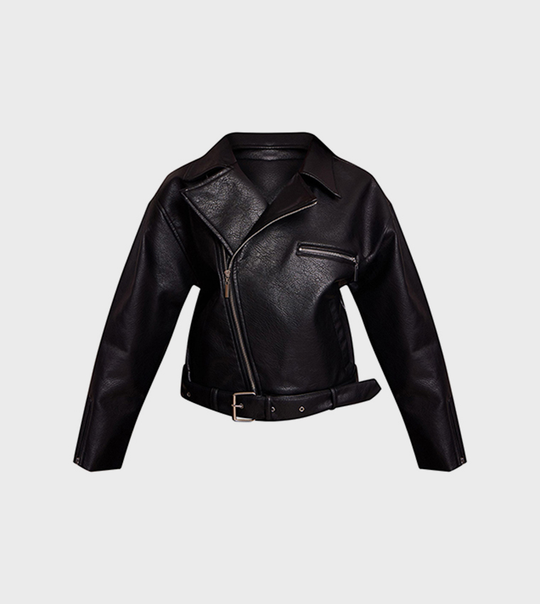 Petite Faux Leather Oversized Biker Jacket