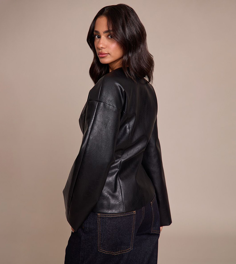 Petite Leather Look Cinched Waist Blazer