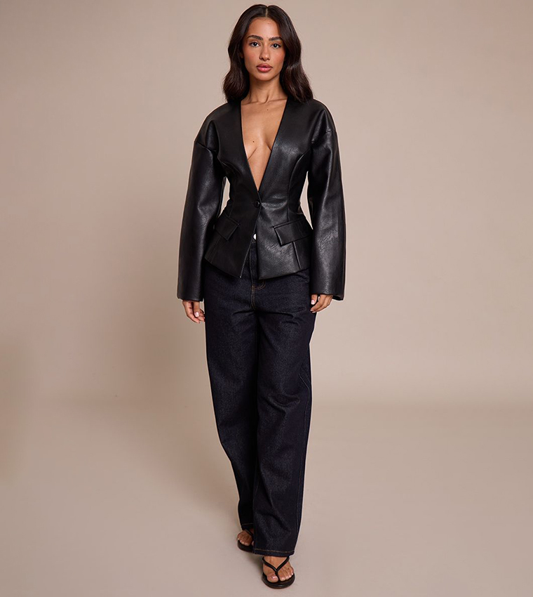 Petite Leather Look Cinched Waist Blazer