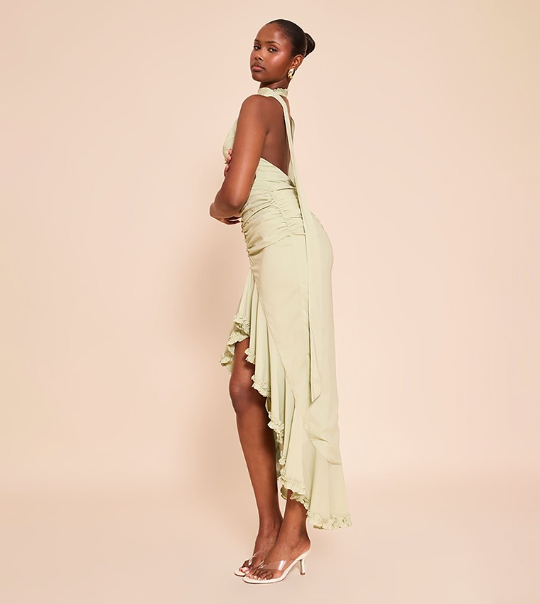 Ruffle Detail Plunge Sleeveless Maxi Dress