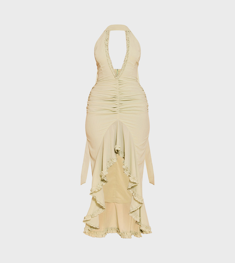 Ruffle Detail Plunge Sleeveless Maxi Dress