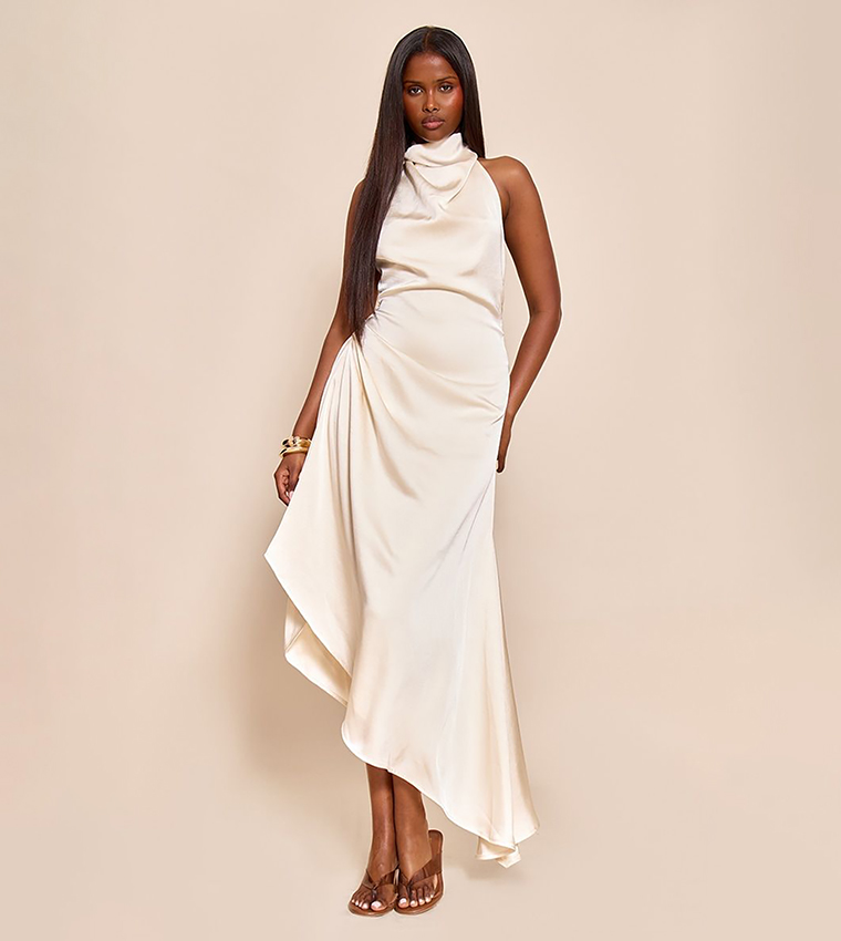 Satin Cowl Neck Asymmetric Shift Midi Dress