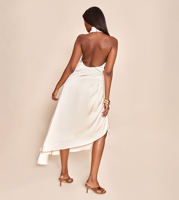 Satin Cowl Neck Asymmetric Shift Midi Dress