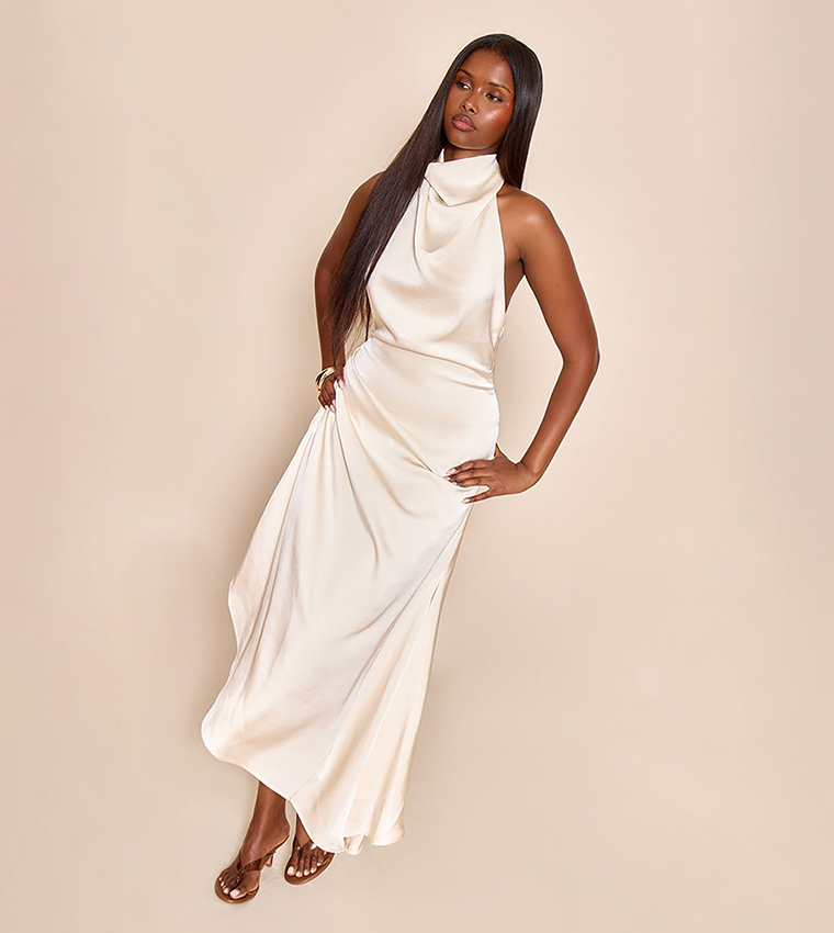 Satin Cowl Neck Asymmetric Shift Midi Dress