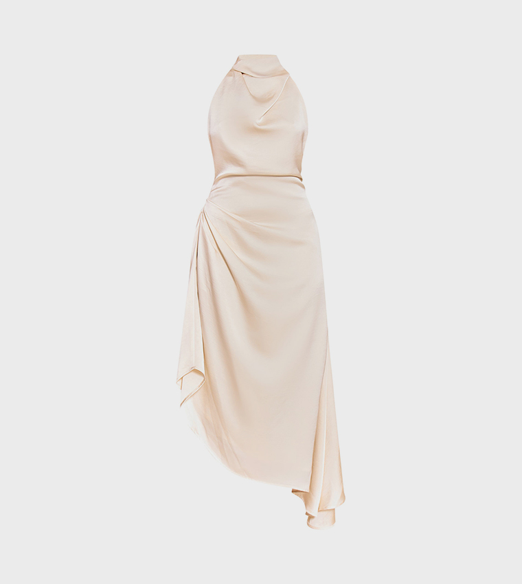 Satin Cowl Neck Asymmetric Shift Midi Dress