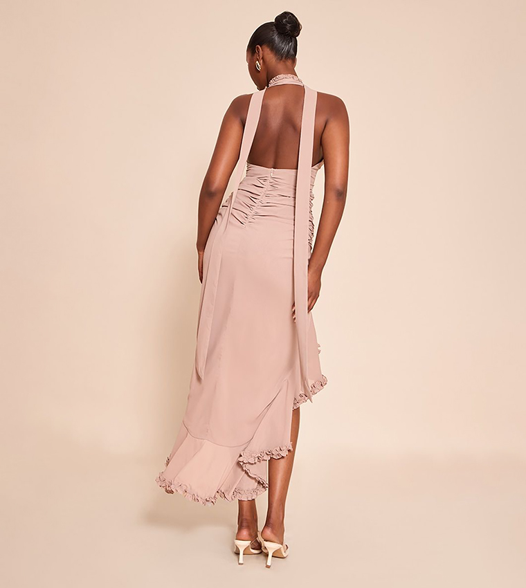 Ruffle Detail Plunge Sleeveless Maxi Dress