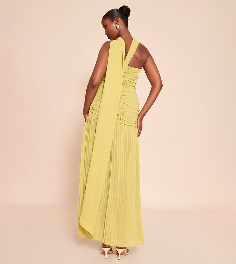 Chiffon Scarf Detail Strapless Ruched Maxi Dress