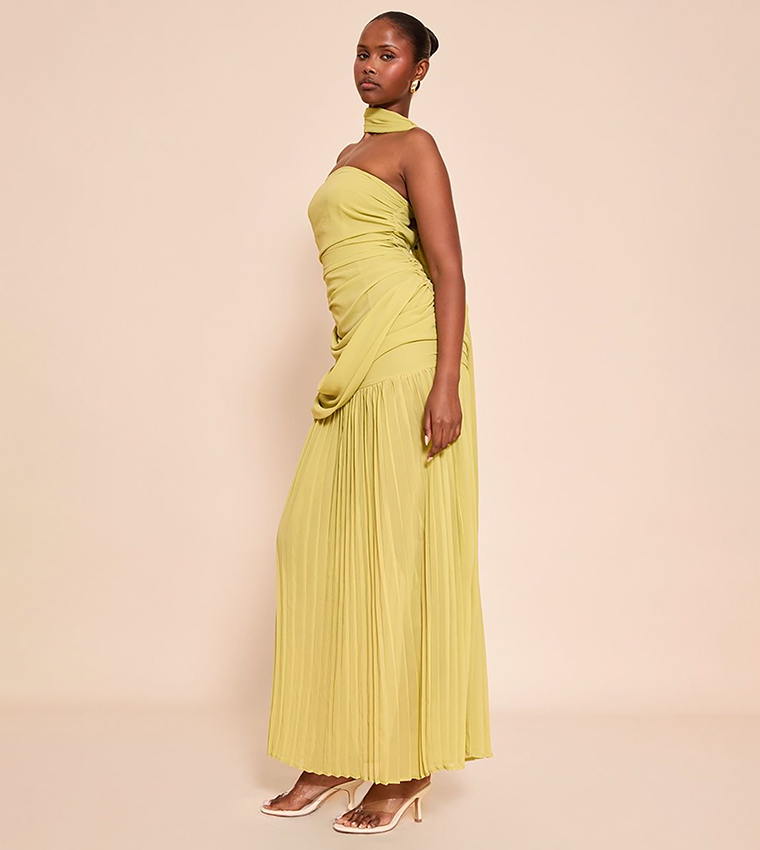 Chiffon Scarf Detail Strapless Ruched Maxi Dress