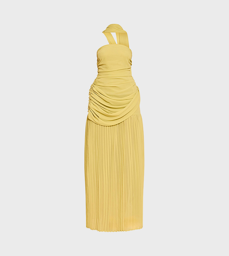 Chiffon Scarf Detail Strapless Ruched Maxi Dress