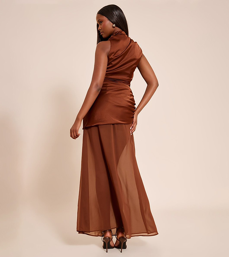 Satin Contrast Ruched Detail Maxi Dress