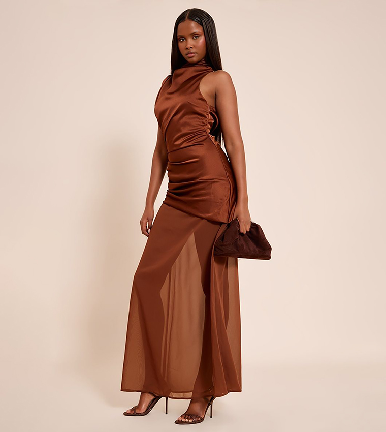 Satin Contrast Ruched Detail Maxi Dress