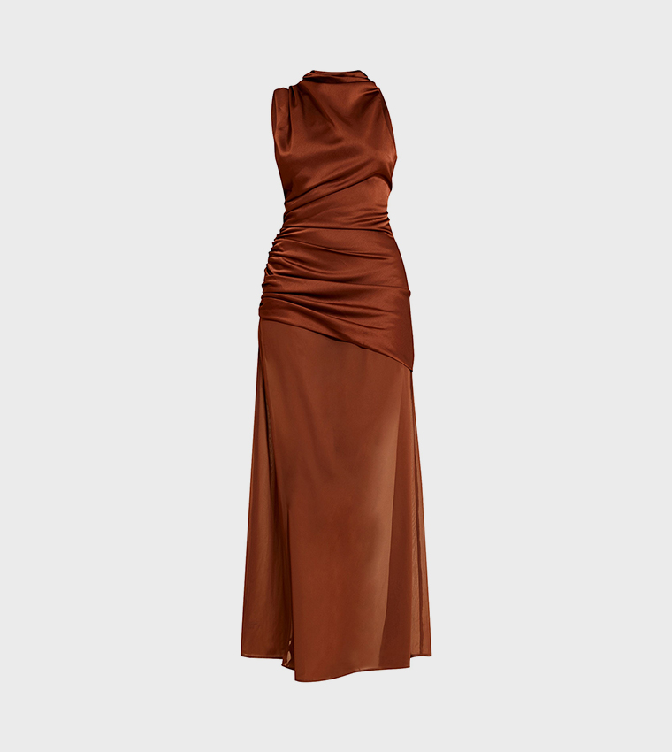 Satin Contrast Ruched Detail Maxi Dress