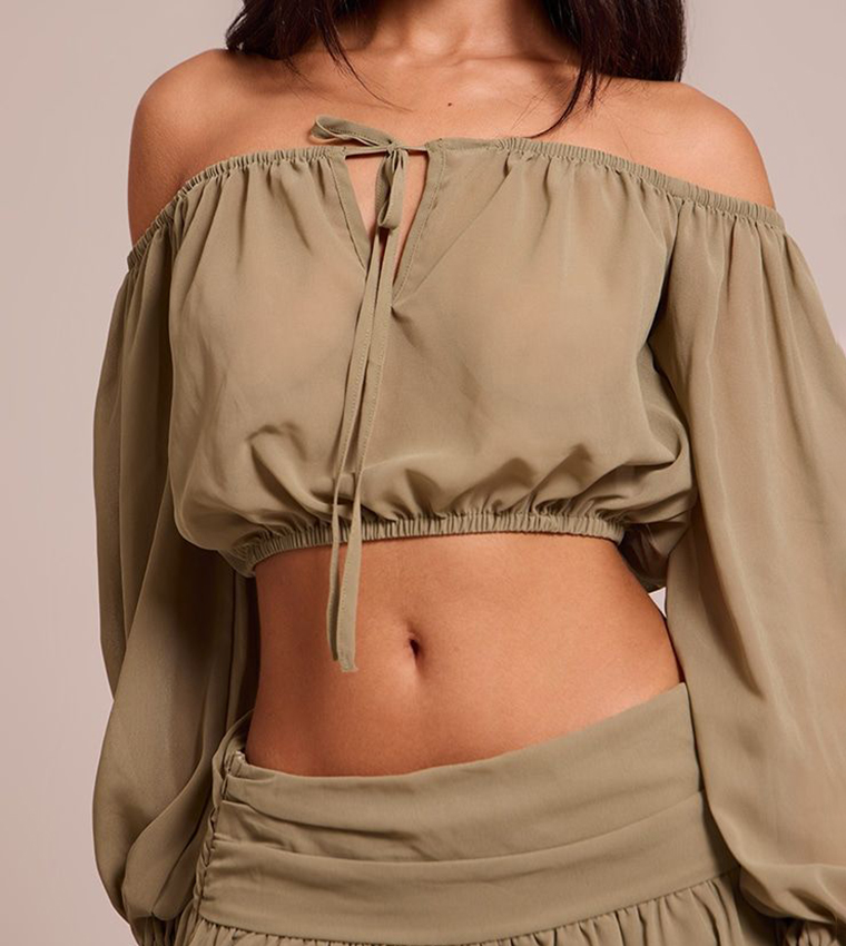 Petite Ruched Long Sleeves Bardot Crop Top
