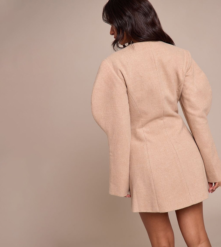 Petite Stone Cocoon Sleeves Collarless Mini Dress