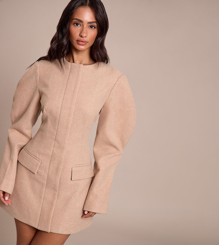 Petite Stone Cocoon Sleeves Collarless Mini Dress