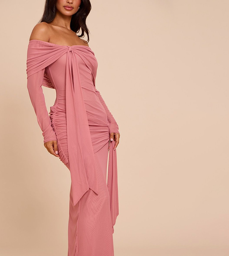 Petite Ruched Long Sleeves Bardot Maxi Dress