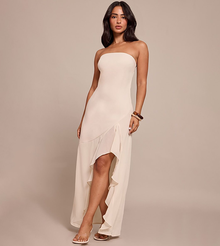 Petite Ruffle Asymmetric Strapless Maxi Dress