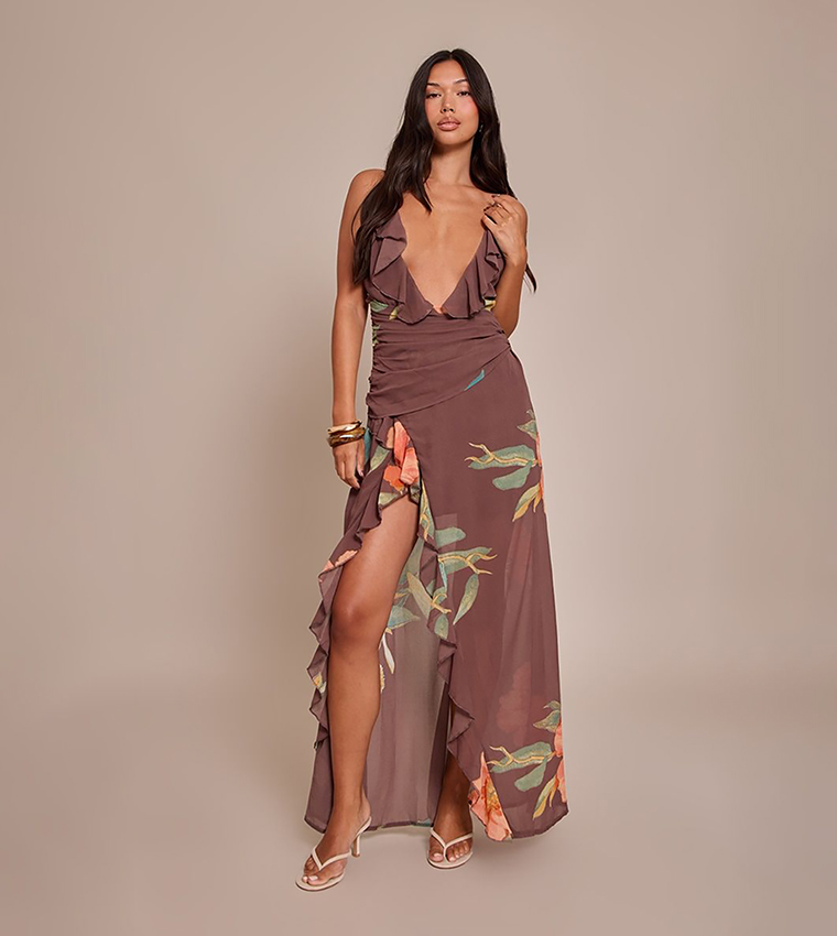 Printed Chiffon Plunge Strappy Maxi Dress