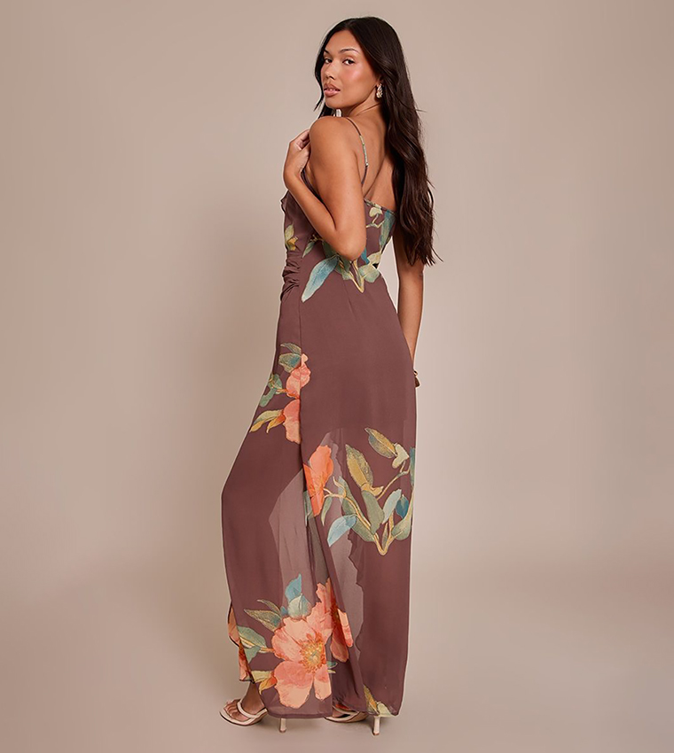 Printed Chiffon Plunge Strappy Maxi Dress