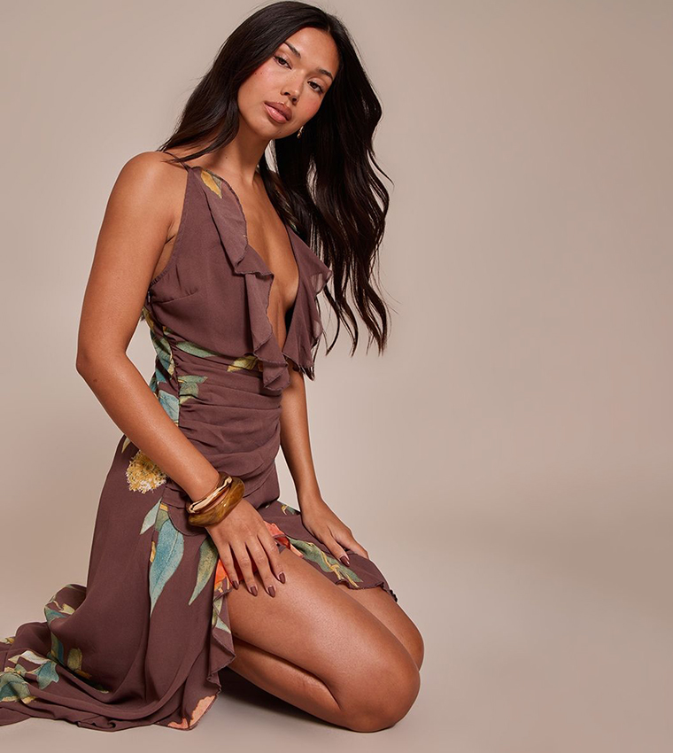 Printed Chiffon Plunge Strappy Maxi Dress