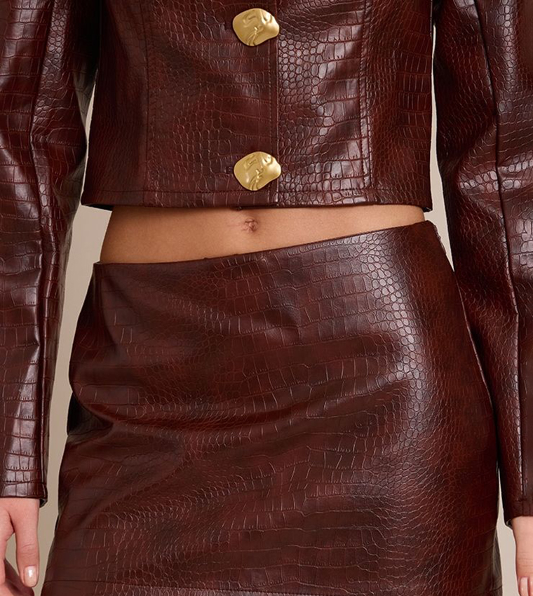 Croc Faux Leather Mid Rise Mini Skirt
