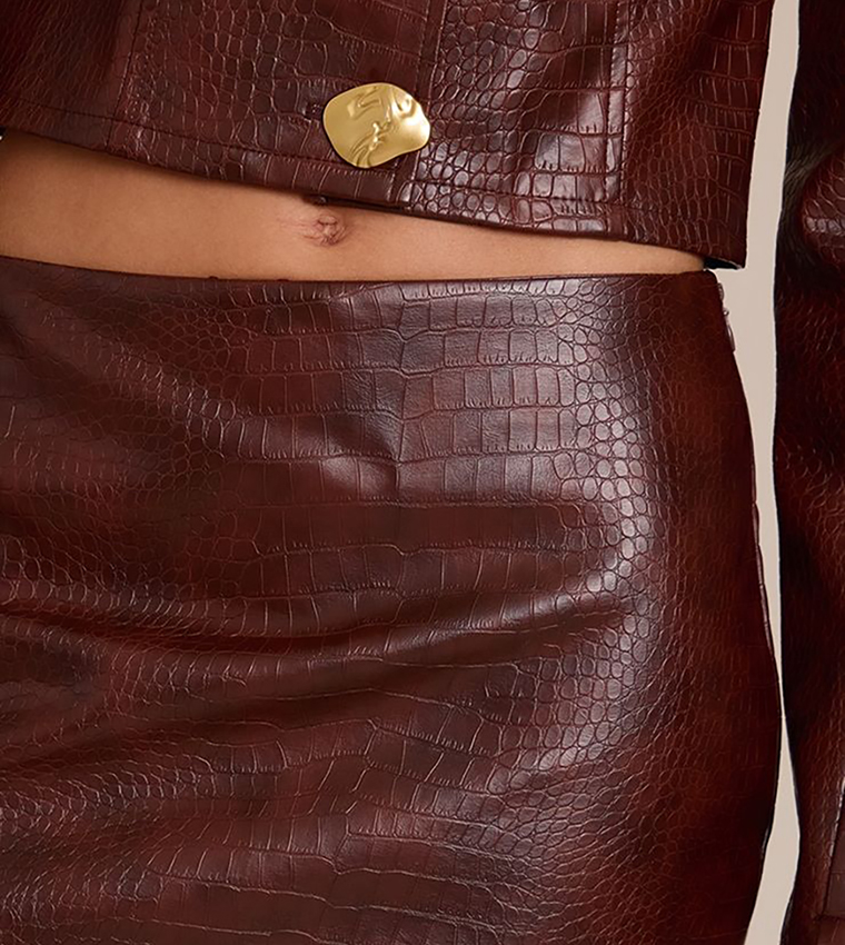 Croc Faux Leather Mid Rise Mini Skirt