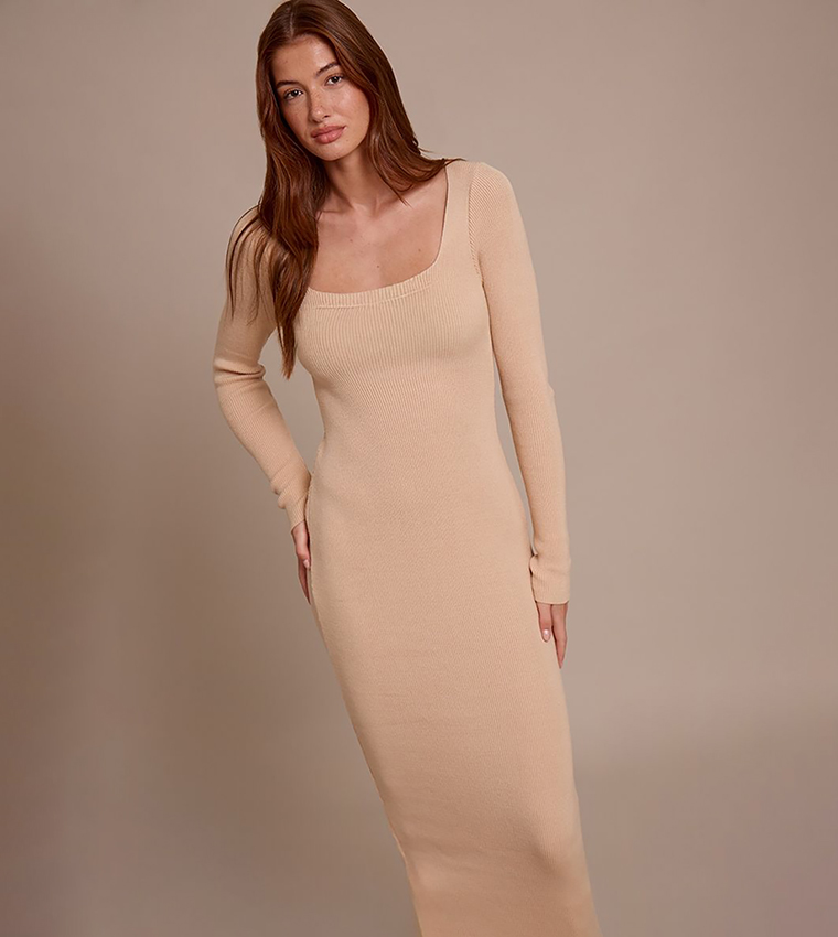 Oatmeal Square Neck Knitted Maxi Dress