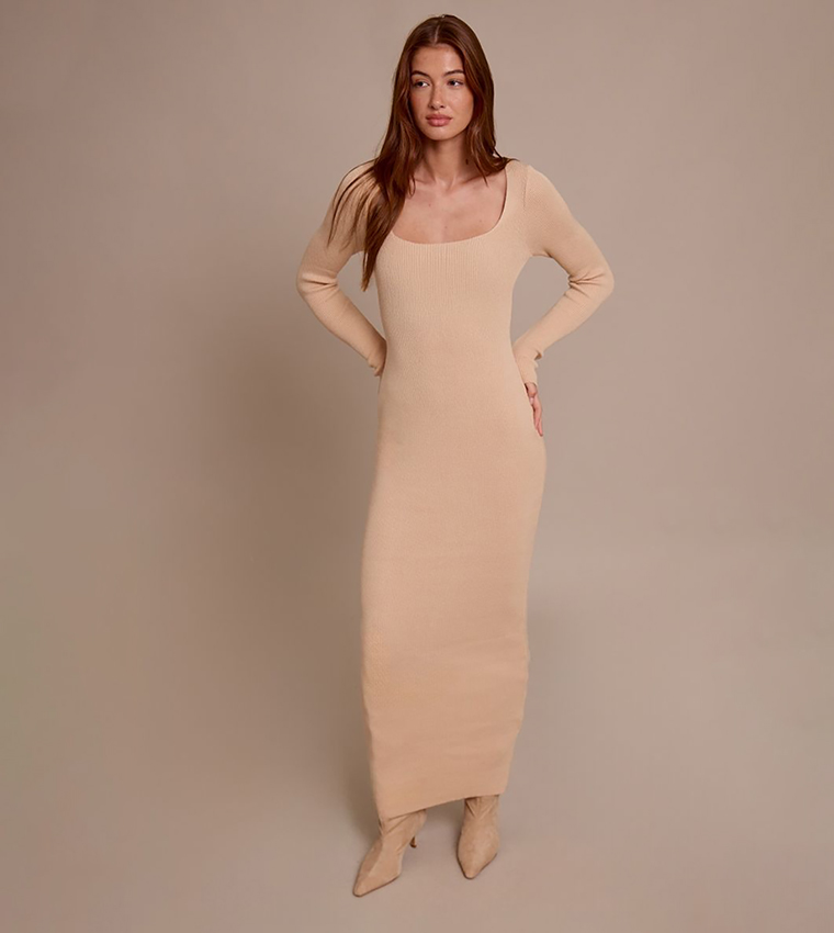 Oatmeal Square Neck Knitted Maxi Dress