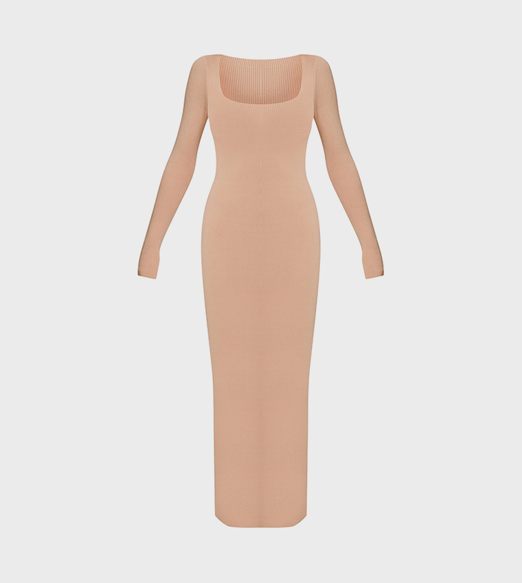 Oatmeal Square Neck Knitted Maxi Dress