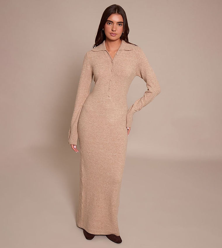 Oatmeal Soft Bobble Knit Button Up Collar Detail Maxi Dress