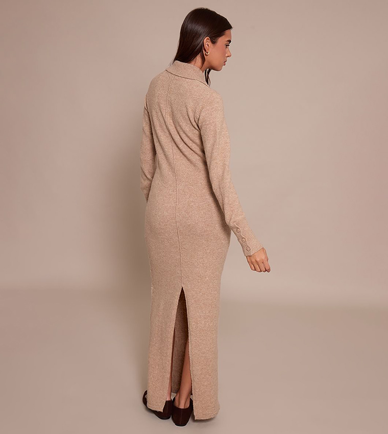 Oatmeal Soft Bobble Knit Button Up Collar Detail Maxi Dress
