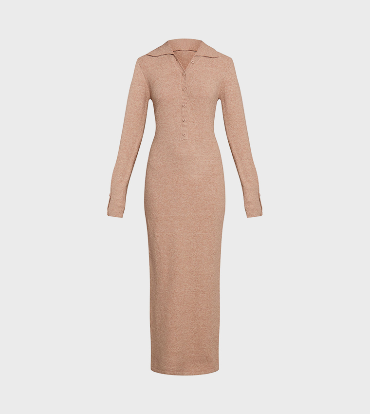 Oatmeal Soft Bobble Knit Button Up Collar Detail Maxi Dress