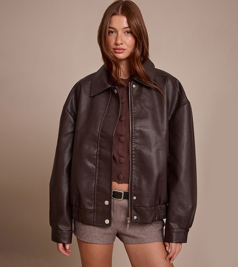 Concealed Placket Faux Leather Bomber Jacket