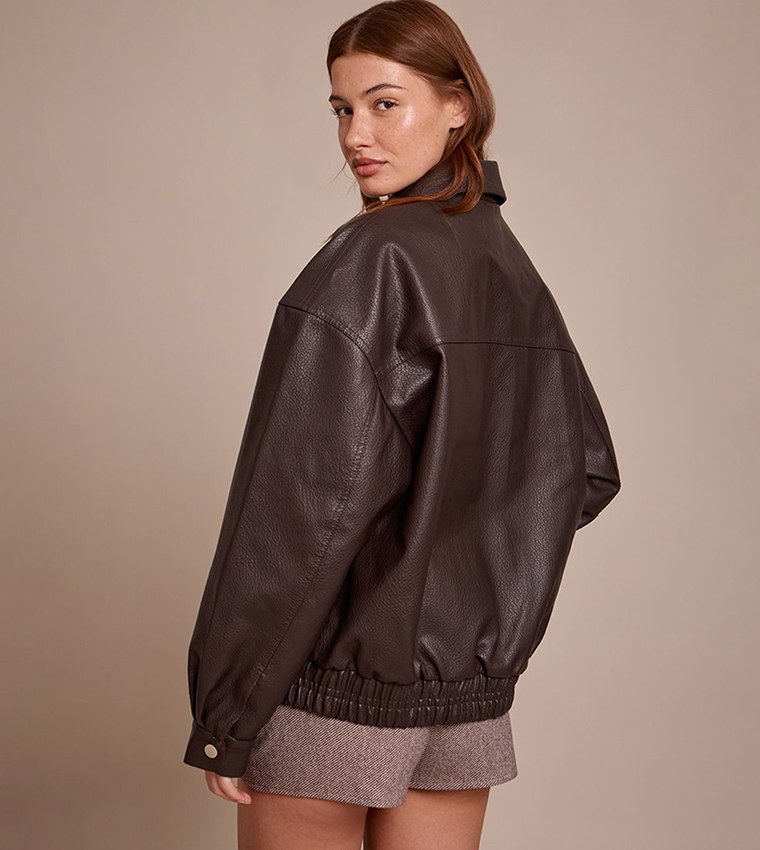 Concealed Placket Faux Leather Bomber Jacket