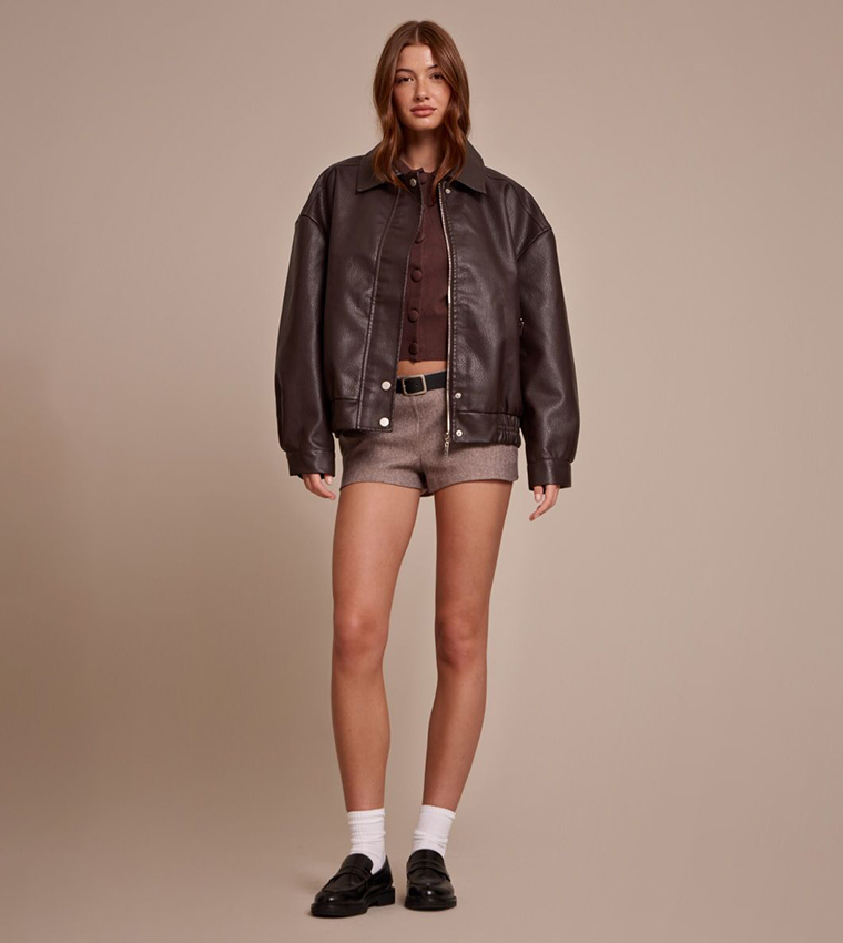 Concealed Placket Faux Leather Bomber Jacket